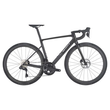 Bicicleta de carretera moderna con cuadro negro y frenos de disco.